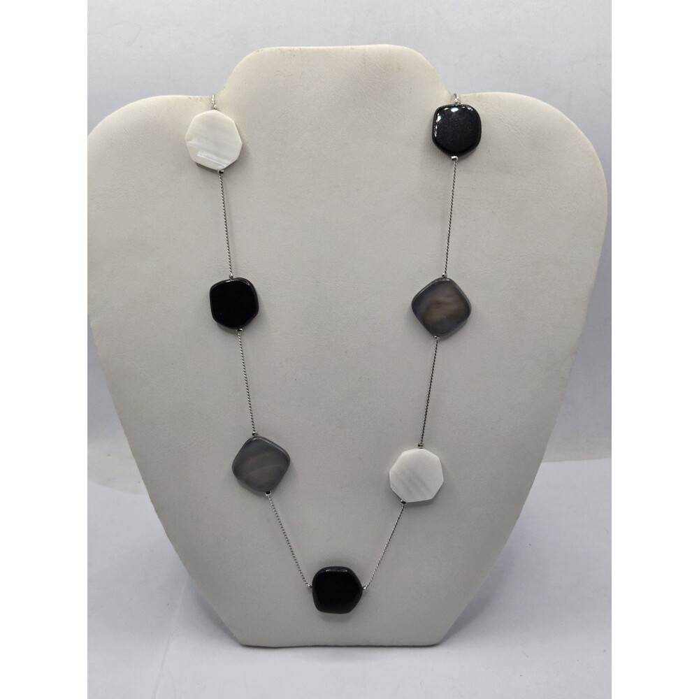 Chico's Silver Tone Mother of Pearl Abalone Black Onyx Station Necklace